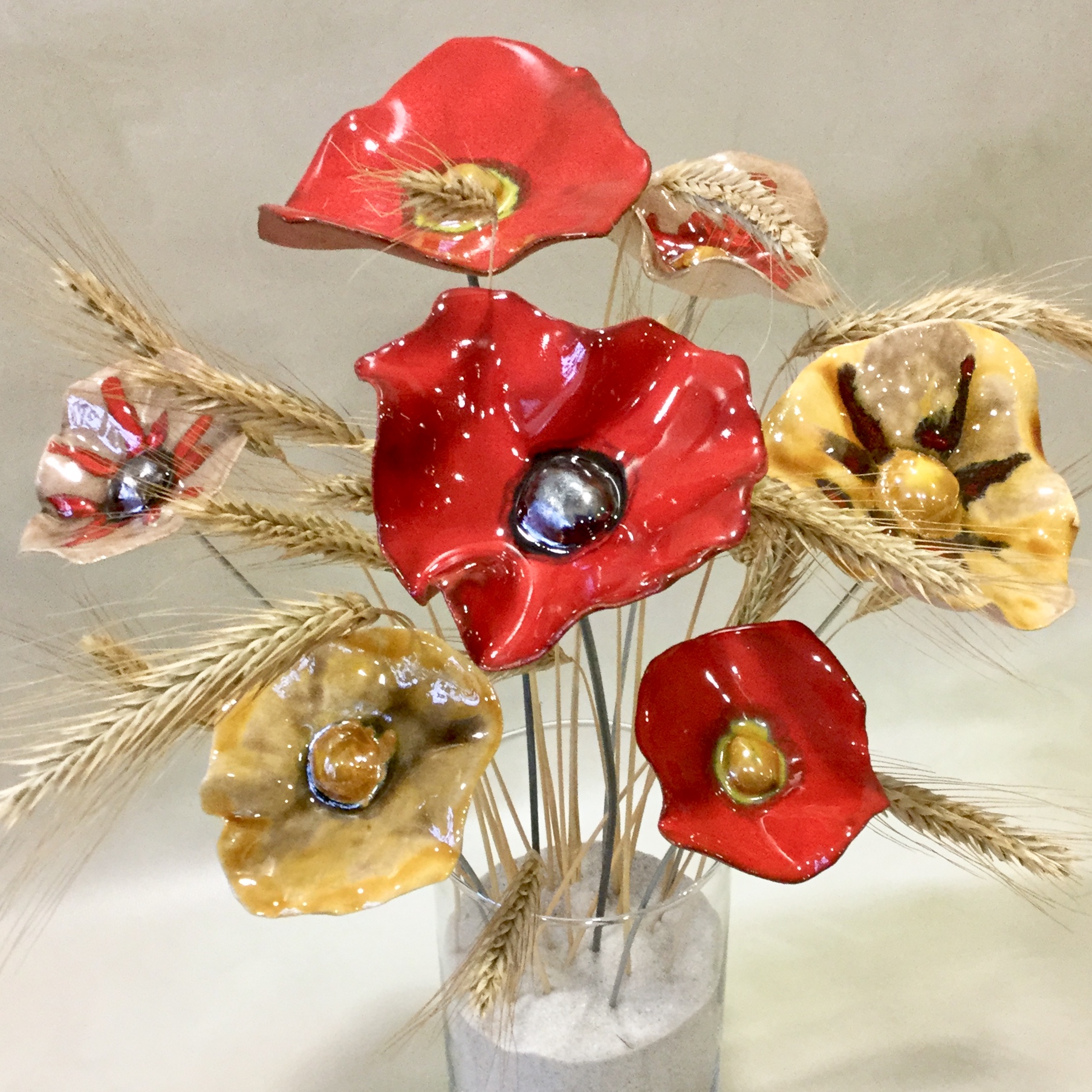 Bouquet 7 coquelicots en céramique Rouge et Miel Fleurs en céramique