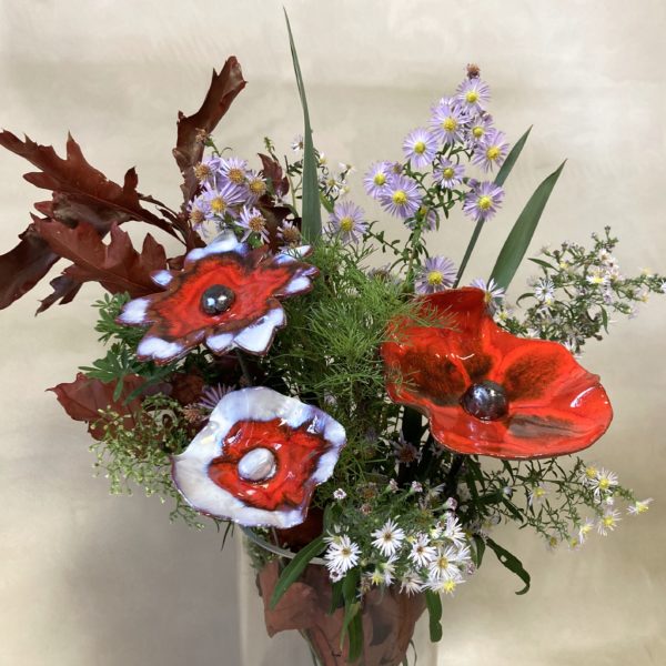 Bouquet de 3 grandes Fleurs Rouge Blanc et Métal Hauteur 55 cm – Image 3