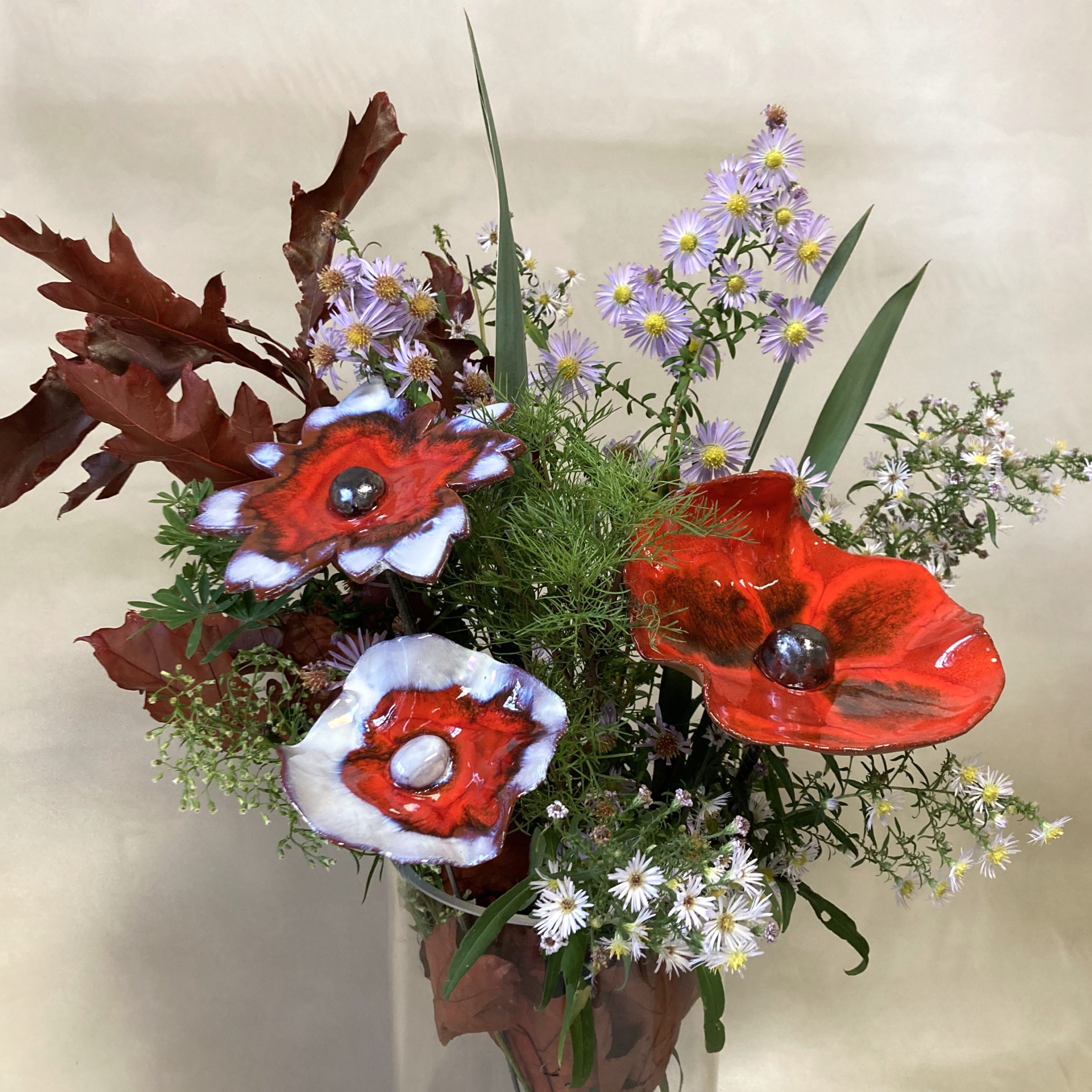 Bouquet de 3 grandes Fleurs Rouge Blanc et Métal Hauteur 55 cm
