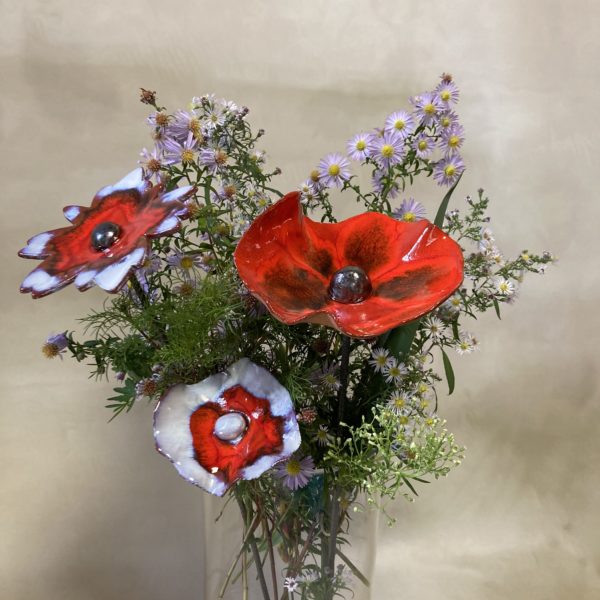 Bouquet de 3 grandes Fleurs Rouge Blanc et Métal Hauteur 55 cm – Image 2