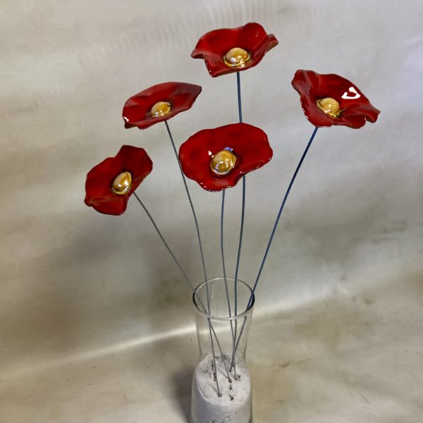 Bouquet de 5 coquelicots rouge foncé cœur doré Hauteur 60 cm – Image 2
