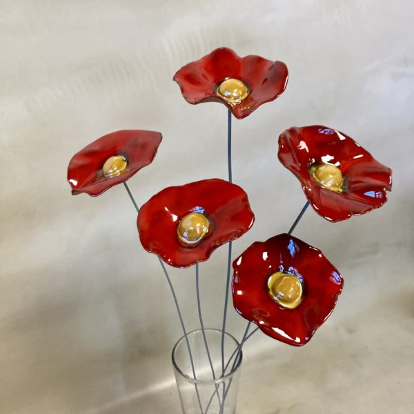 Bouquet de 5 coquelicots rouge foncé cœur doré Hauteur 60 cm