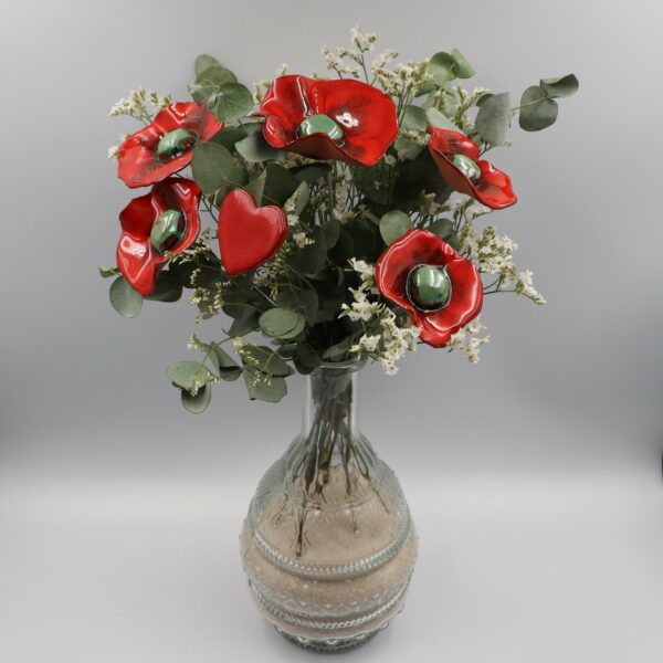 Bouquet de 5 Coquelicots et 1 cœur Hauteur 30 cm