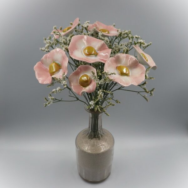 Bouquet de 7 petits Coquelicots Rose, Blanc et Doré Hauteur 30 cm