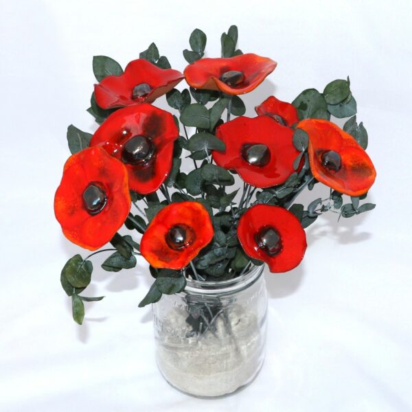 Coquelicot Rouge Nuancé Bleu et Doré cœur Métal – Image 3