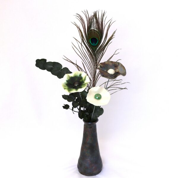 Bouquet 3 Coquelicots Vert Olive, Blanc et Métallisé Hauteur 50 cm