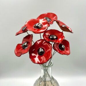 Bouquet de 8 petits coquelicots rouge cœur métallisé Hauteur 30 cm