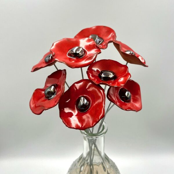 Bouquet de 8 petits coquelicots rouge cœur métallisé Hauteur 30 cm