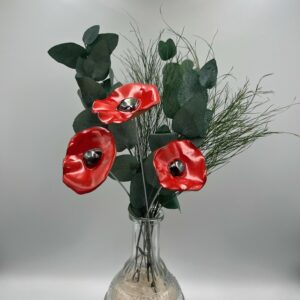 Bouquet de 3 petits Coquelicots Rouge cœur Métallisé avec feuillage Hauteur 30 cm