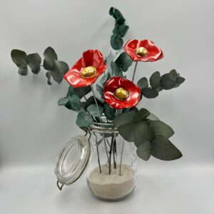 Bouquet de 3 petits Coquelicots Rouge cœur doré avec feuillage Hauteur 30 cm