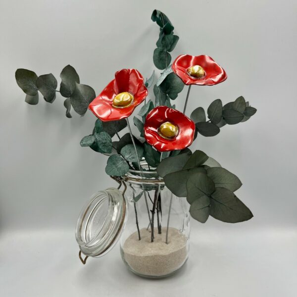Bouquet de 3 petits Coquelicots Rouge cœur doré avec feuillage Hauteur 30 cm
