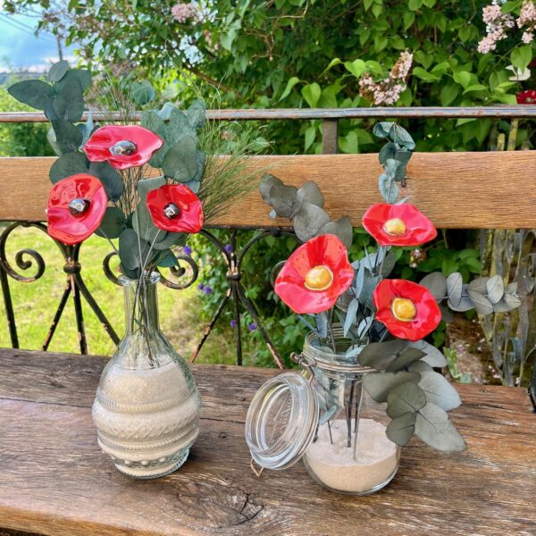 Bouquet de 3 petits Coquelicots Rouge cœur Métallisé avec feuillage Hauteur 30 cm – Image 3