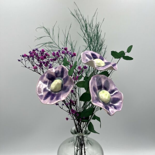 Bouquet de 3 petits Coquelicots Violet avec feuillage Hauteur 30 cm