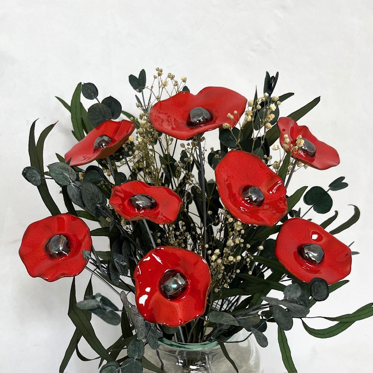 Bouquet de 8 petits coquelicots rouge avec feuillage Hauteur 30 cm – Image 3