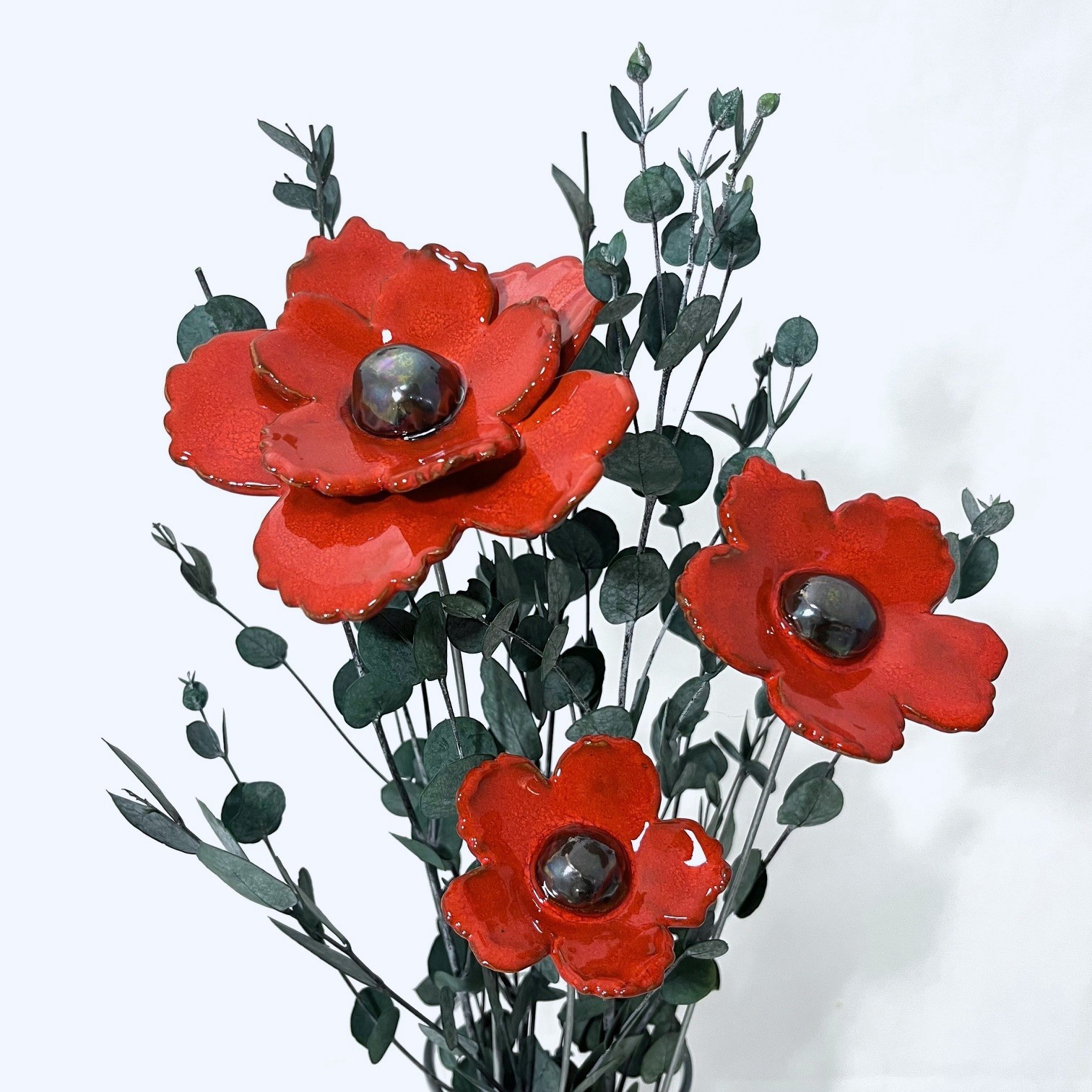 Bouquet 3 Fleurs Sauvages Rouges avec Feuillage Hauteur 50 cm